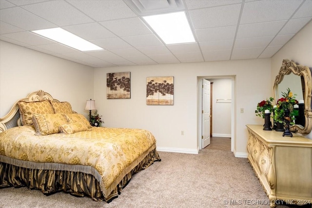 bedroom featuring carpet and a paneled ceiling