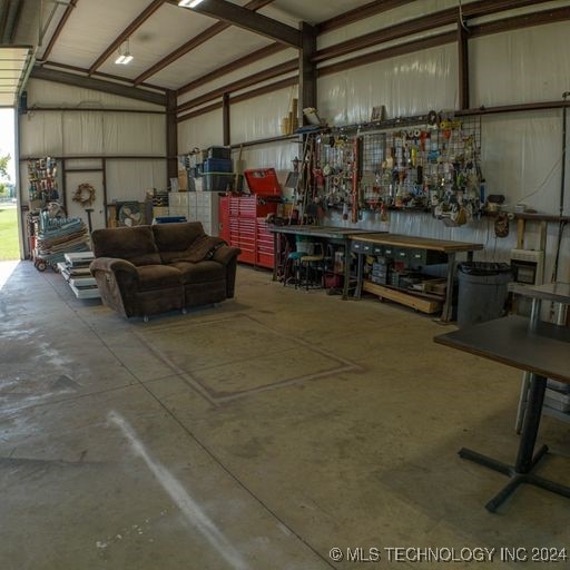 garage with a workshop area