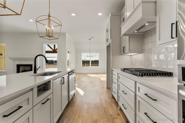 kitchen with sink, a notable chandelier, pendant lighting, custom exhaust hood, and appliances with stainless steel finishes