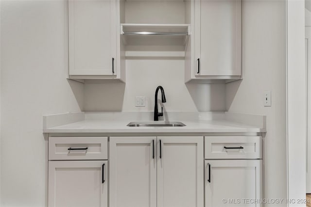 interior space featuring white cabinetry and sink