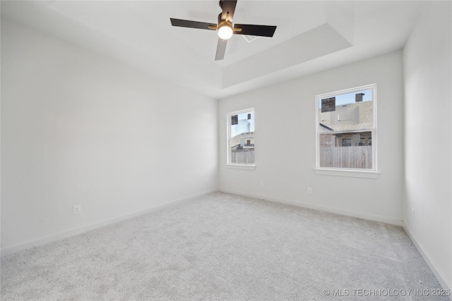 spare room with ceiling fan, carpet, and a tray ceiling