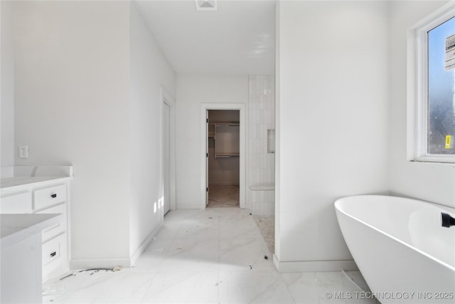 bathroom with a washtub, vanity, and a healthy amount of sunlight