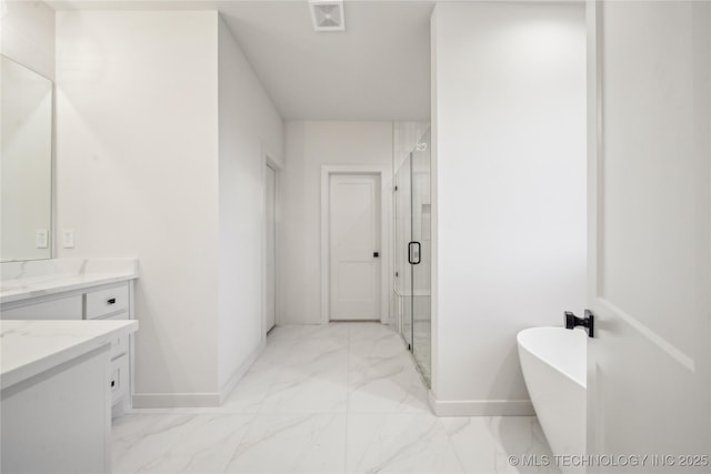 bathroom with independent shower and bath and vanity