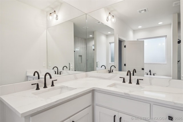 bathroom featuring vanity and walk in shower