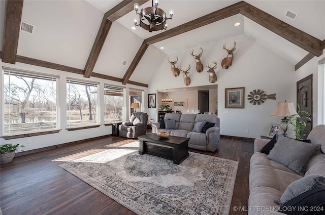 living room featuring beam ceiling, high vaulted ceiling, an inviting chandelier, and dark hardwood / wood-style floors