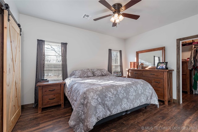 bedroom featuring ceiling fan, a barn door, dark hardwood / wood-style flooring, and a spacious closet