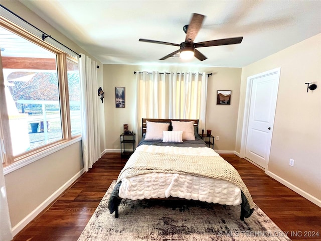 bedroom featuring ceiling fan and dark wood-type flooring