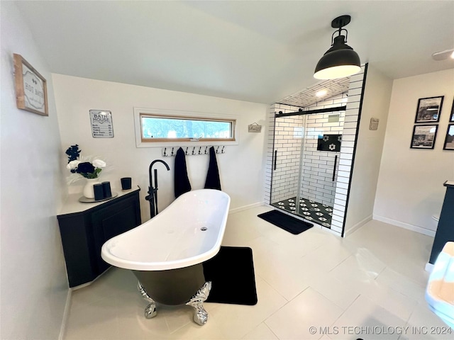 bathroom with tile patterned floors, vanity, lofted ceiling, and plus walk in shower