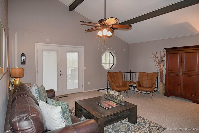 living room with carpet, lofted ceiling with beams, ceiling fan, and french doors