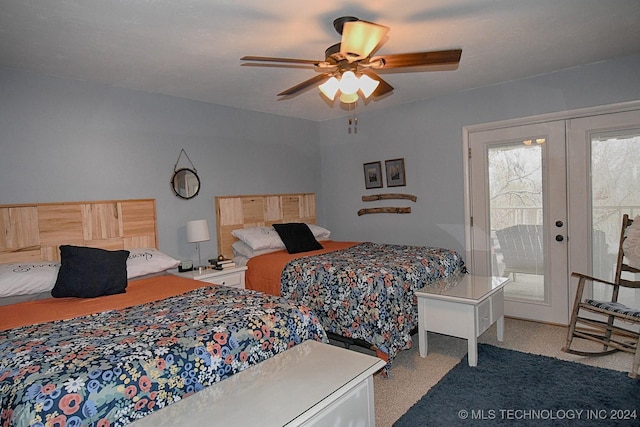 bedroom featuring access to outside, ceiling fan, french doors, and light carpet