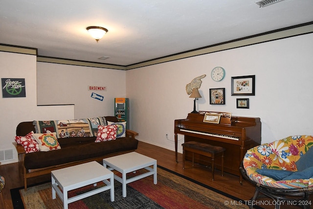 living room with dark hardwood / wood-style flooring