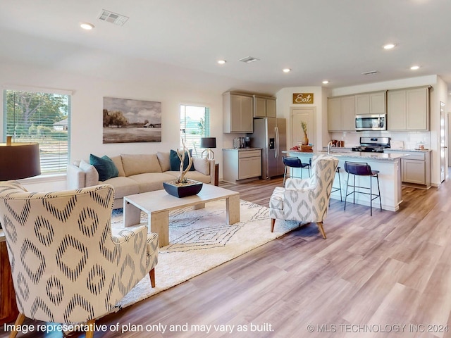 living room featuring sink and light wood-type flooring