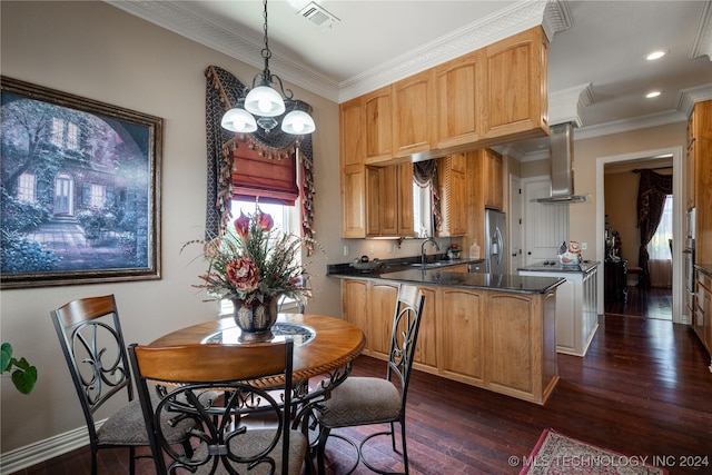 kitchen featuring stainless steel refrigerator with ice dispenser, ventilation hood, kitchen peninsula, decorative light fixtures, and ornamental molding