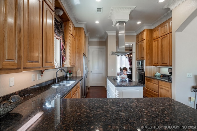 kitchen featuring sink, stainless steel appliances, crown molding, dark stone counters, and island range hood