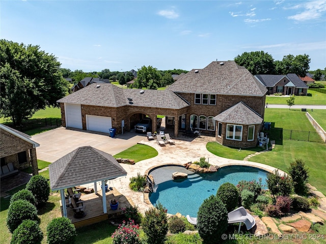 view of pool featuring a gazebo, a patio, and a lawn