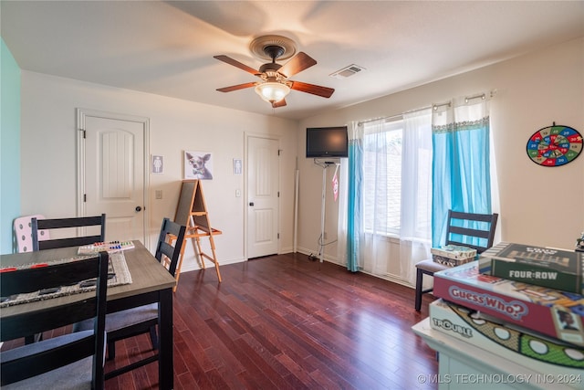 office area with ceiling fan and dark hardwood / wood-style flooring