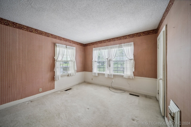 carpeted spare room with heating unit and a textured ceiling