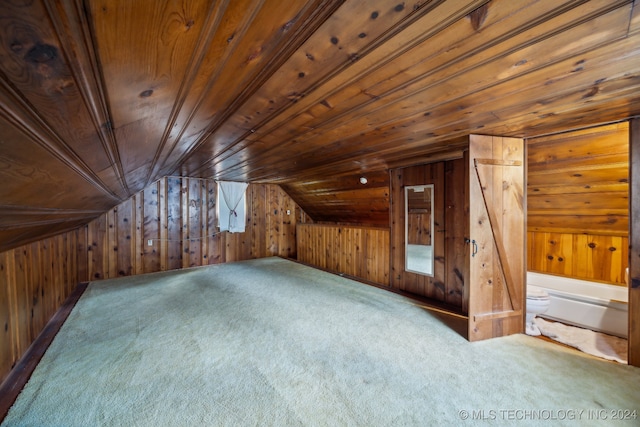 bonus room featuring carpet floors, wood ceiling, and lofted ceiling