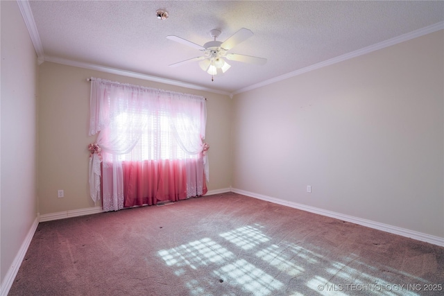 spare room featuring carpet, ceiling fan, crown molding, and a textured ceiling