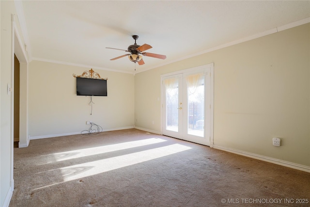 unfurnished living room with carpet, ceiling fan, crown molding, and french doors