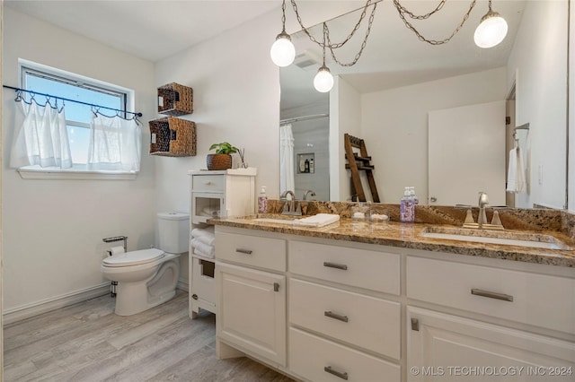 bathroom with a shower with curtain, vanity, wood-type flooring, and toilet