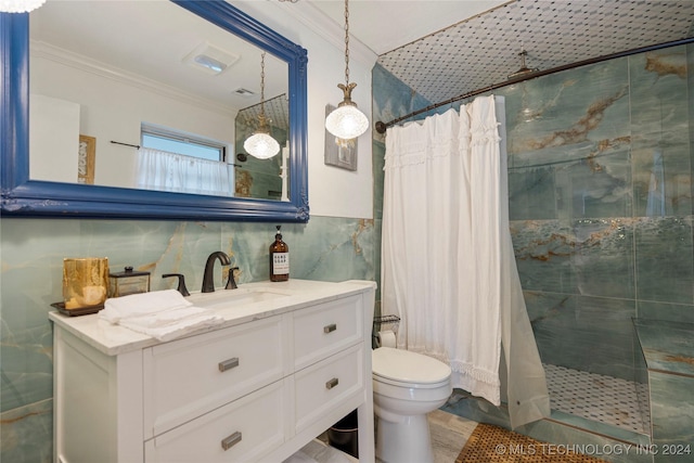 bathroom featuring a shower with curtain, vanity, toilet, and tile walls