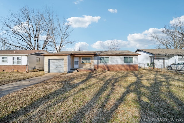 ranch-style home with a garage and a front yard