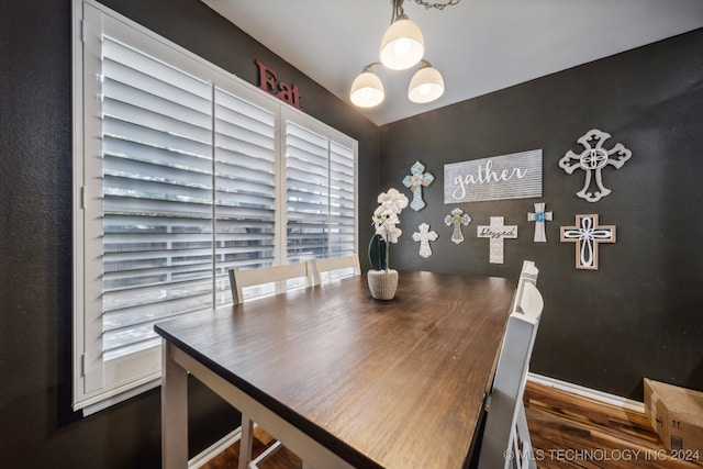 dining area with plenty of natural light and dark hardwood / wood-style floors