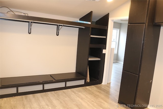 walk in closet featuring lofted ceiling and light hardwood / wood-style flooring