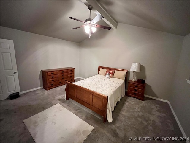 bedroom featuring lofted ceiling with beams, dark carpet, and ceiling fan