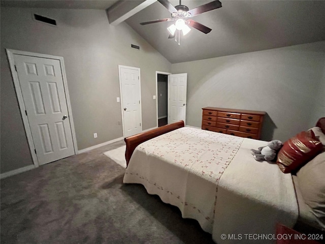 carpeted bedroom featuring ceiling fan, beamed ceiling, and high vaulted ceiling