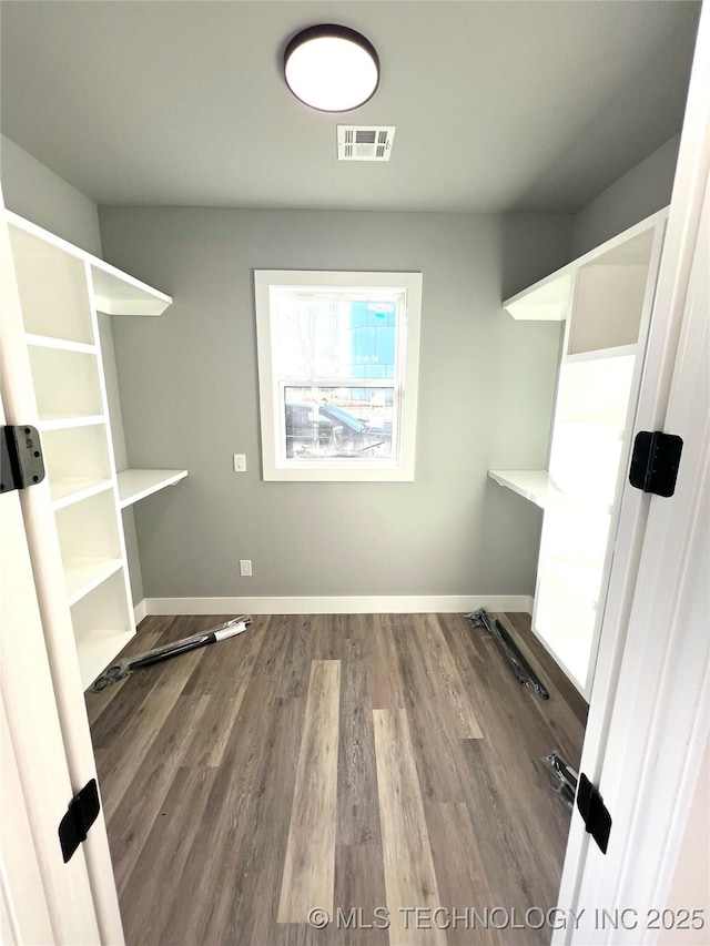 walk in closet with wood-type flooring