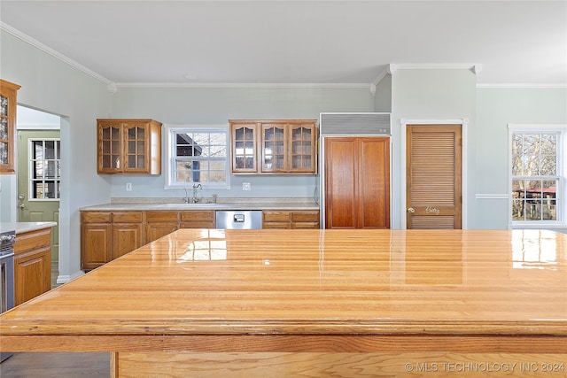 kitchen featuring crown molding, sink, paneled built in refrigerator, and stainless steel dishwasher