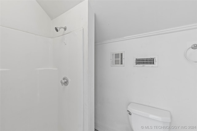 bathroom featuring toilet, walk in shower, and vaulted ceiling