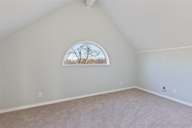 bonus room with vaulted ceiling with beams and carpet floors