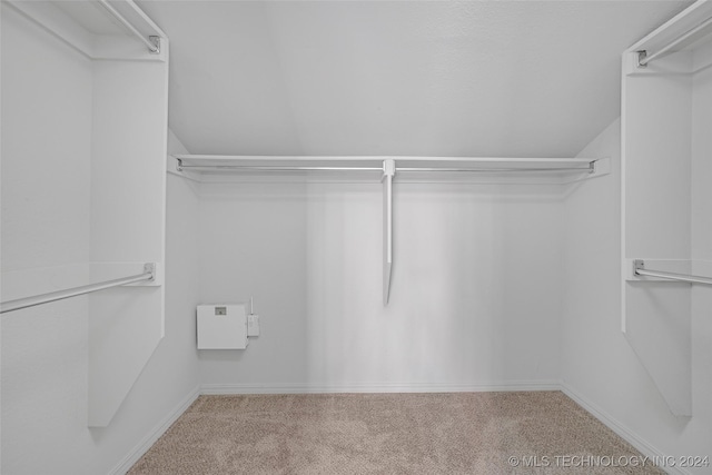 spacious closet featuring light carpet and vaulted ceiling