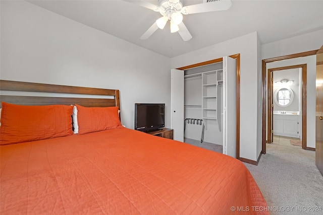 unfurnished bedroom with ceiling fan, light carpet, and a closet