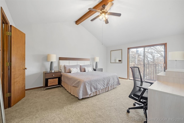 bedroom featuring vaulted ceiling with beams, ceiling fan, and light colored carpet