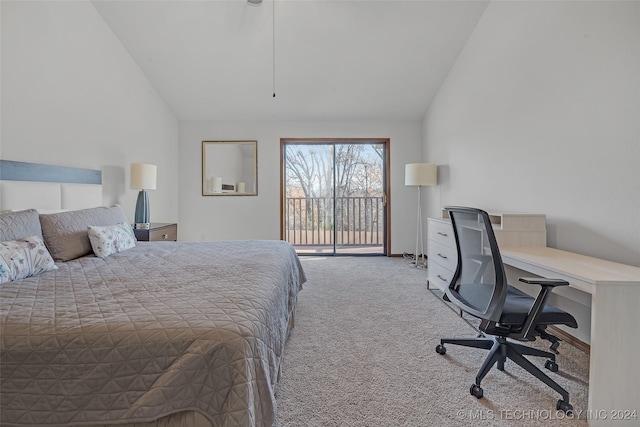 carpeted bedroom with lofted ceiling and access to outside