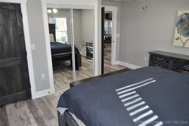 bedroom featuring hardwood / wood-style floors and a closet