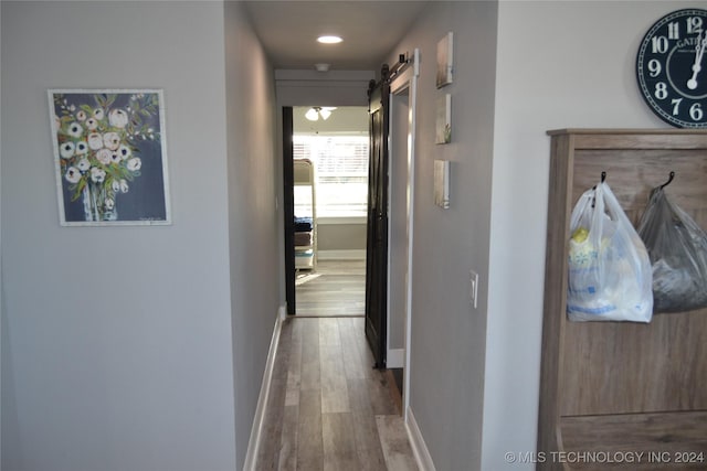 hallway with a barn door and wood-type flooring