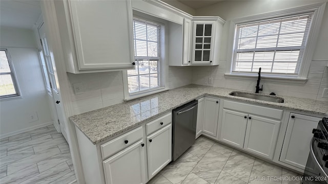 kitchen with dishwasher, backsplash, range, sink, and white cabinetry