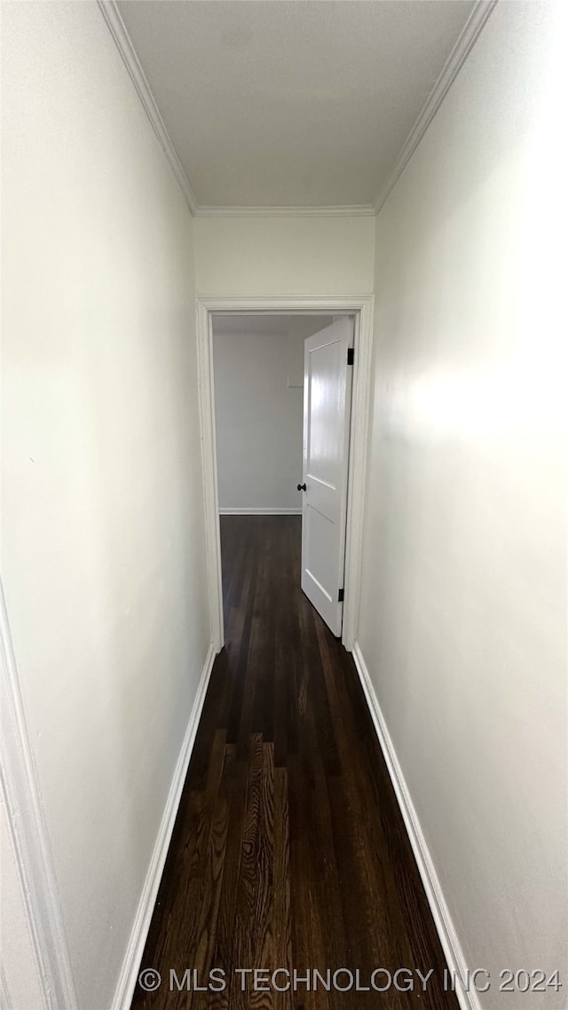 hallway with dark hardwood / wood-style flooring and ornamental molding