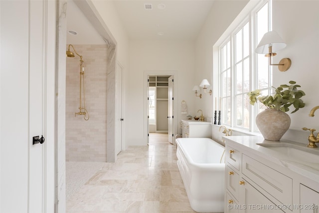 bathroom with vanity, separate shower and tub, and plenty of natural light