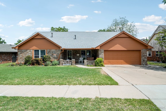 single story home with a garage and a front lawn