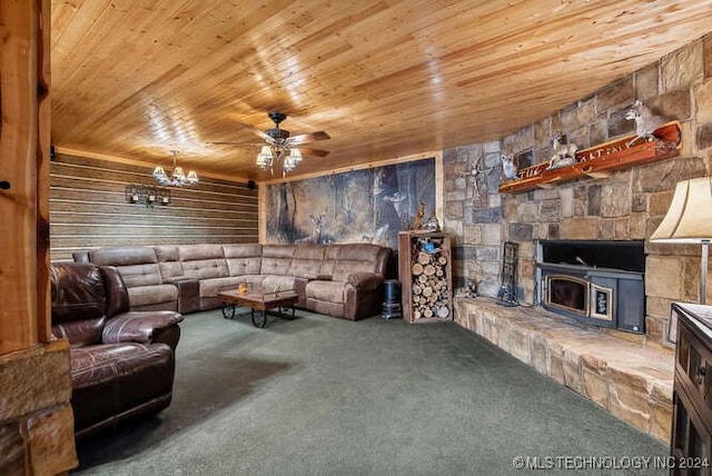 carpeted living room with ceiling fan and wooden ceiling