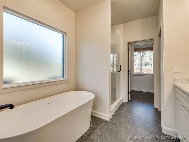 bathroom featuring vanity and independent shower and bath