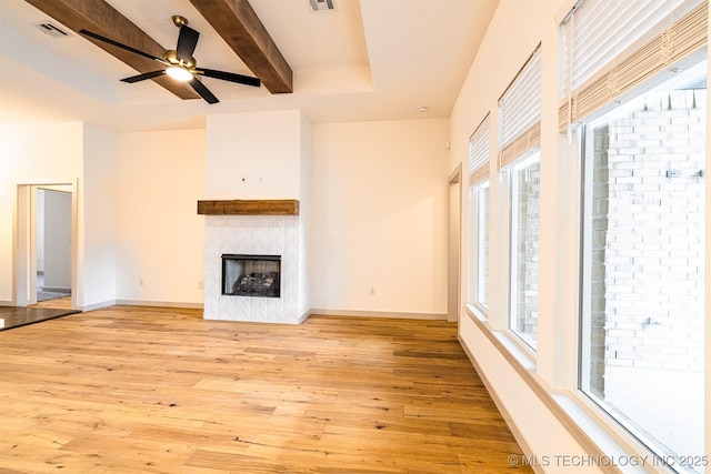 unfurnished living room featuring beam ceiling, a fireplace, light wood finished floors, visible vents, and baseboards