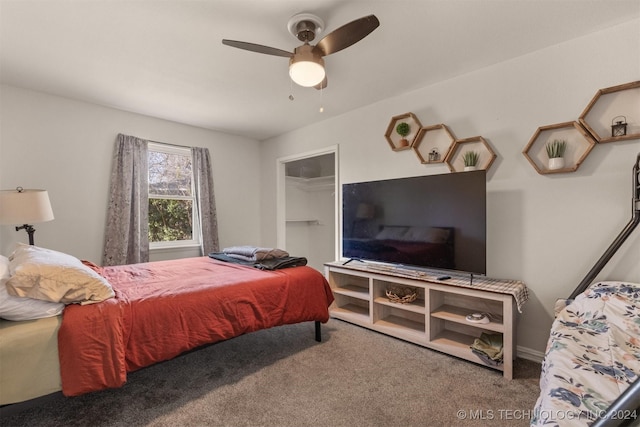 bedroom featuring carpet flooring, a closet, a spacious closet, and ceiling fan