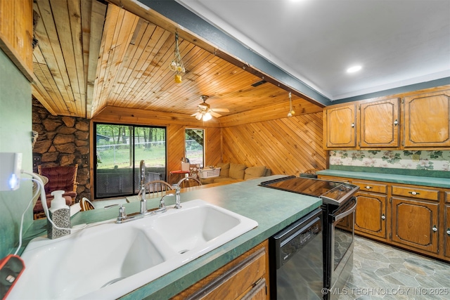 kitchen featuring ceiling fan, sink, wooden ceiling, range, and black dishwasher